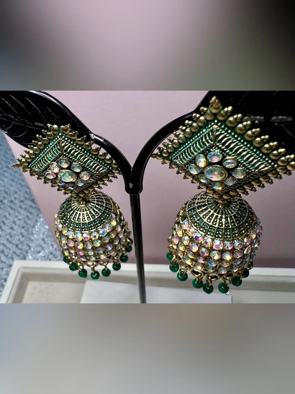 Gold-Tone Green Beaded Jhumka Earrings with Aurora Rhinestones